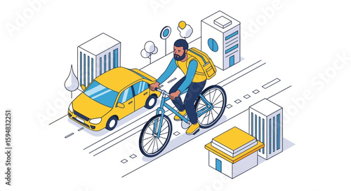 An isometric illustration depicting a cyclist riding a bicycle alongside a yellow car in a city setting.