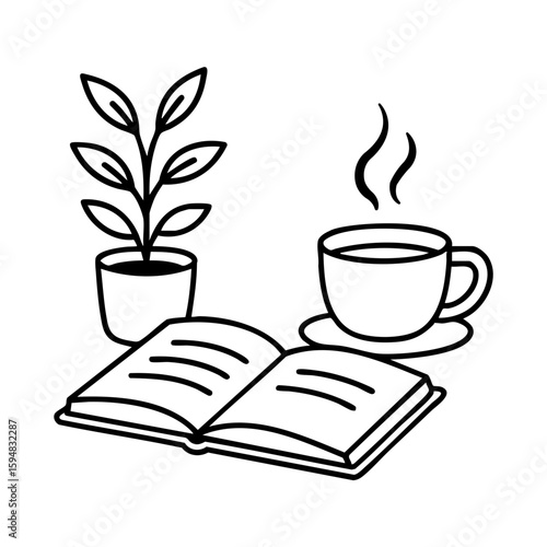 Relaxing offline moment with book, tea and houseplant for peaceful digital detox