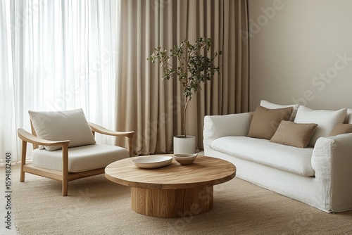 Two lounge chairs and a round wood coffee table placed against a white sofa and a window dressed with beige curtains. Japandi minimalist home interior design for a modern living, Generative AI