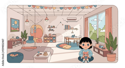 Illustration of a young girl sitting cross-legged in a cozy, well-decorated playroom filled with toys, furniture, and natural light.