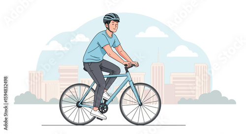A cyclist wearing a helmet rides a blue bicycle through a city landscape.