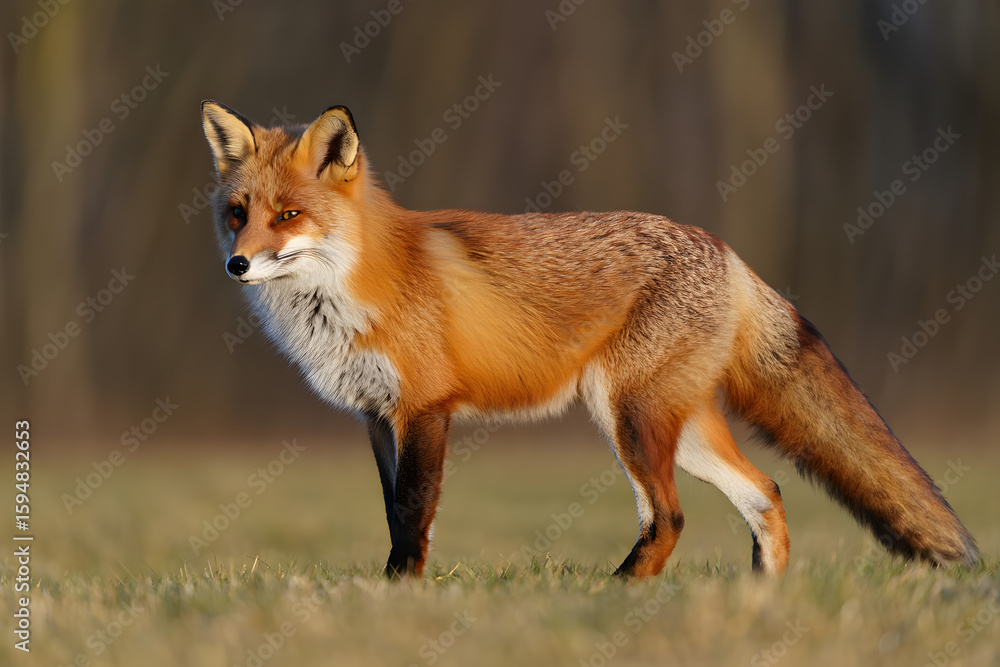Fototapeta premium A young, cute red fox (Vulpes vulpes) in the wild, a furry mammal and predator