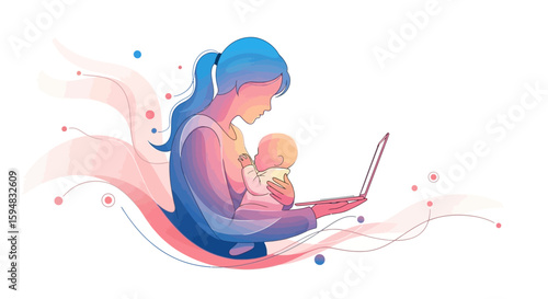 A mother breastfeeding her baby while simultaneously working on a laptop computer.