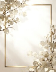 Ethereal light illuminates delicate floral frame with white flowers and gold accents. Soft glow on nature beauty. Vintage ornate border decor for cards, wedding invitations, or wallpaper design.