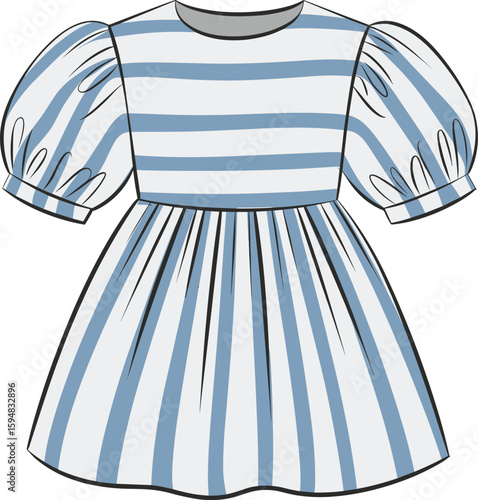 "Chic Blue and White Striped Girls' Dress with Puffy Sleeves: Adorable, Fashionable, and Comfortable Children's Apparel for Stylish Youngsters, Perfect for Summer."