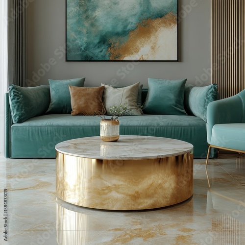 Golden round coffee table with a marble top, placed near turquoise sofas and chairs. Hollywood glam and Art Deco style home interior design for a modern living room, Generative AI