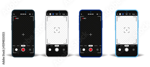 Smartphone Camera Interface UI – Vector Mobile Screen with Photo, Video, Selfie Viewfinder, Focus Grid, Record Button, and App Mockup for Photography and Filming