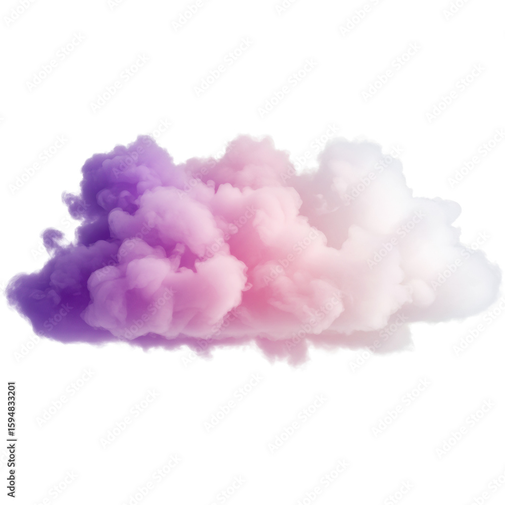 Fototapeta premium Voluminous, soft, ethereal cloud of smoke with a purple to pastel pink to white gradient, featuring defined contours, isolated against a pristine transparent background with ample copy space, soft