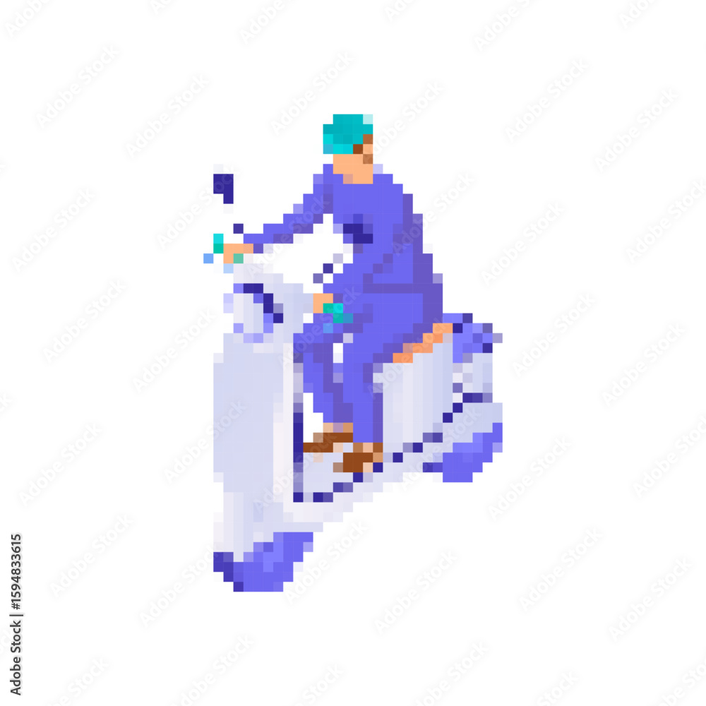 Fototapeta premium Mosaic pixel art showing a scooter rider in blue and purple. the design features a retro style.
