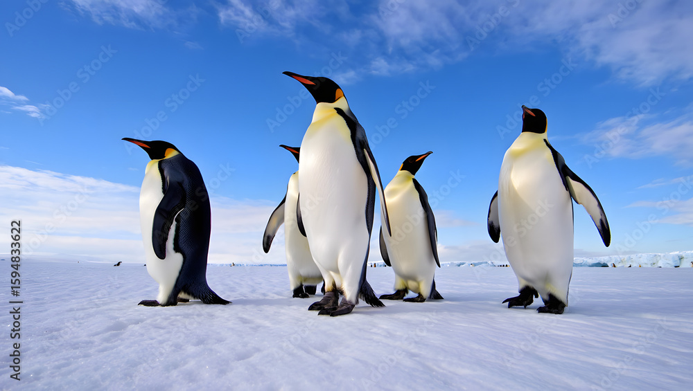 Fototapeta premium Two cute emperor penguins stand on a snowy rock in the cold Antarctic wilderness