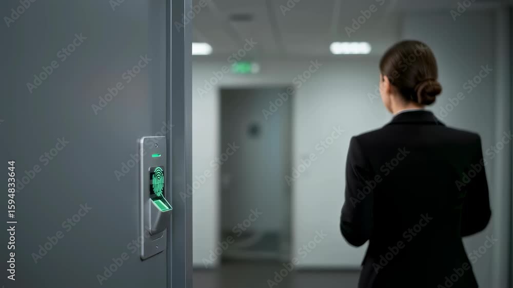 custom made wallpaper toronto digitalWoman using a fingerprint scanner to unlock a door, showing modern biometric security for office access.