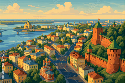 Panoramic view of Nizhny Novgorod with Kremlin and river confluence
