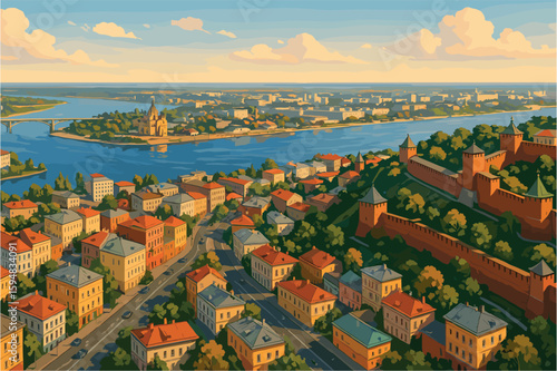Panoramic view of Nizhny Novgorod with Kremlin and river confluence