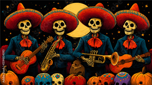 Dia de los muertos , cartoon skull play guittar, 