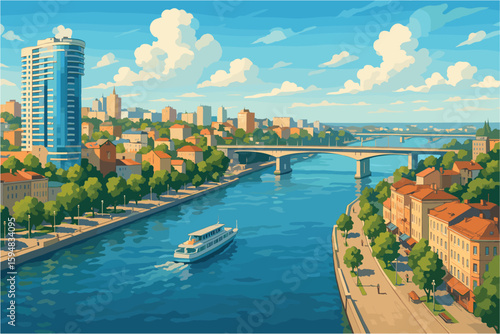 Sunny city view of Rostov-on-Don with promenades and bridges