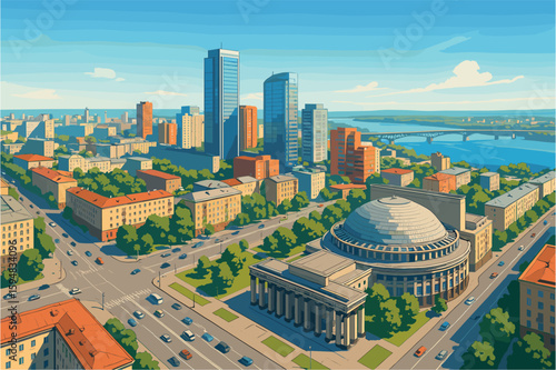 Bright Novosibirsk cityscape with Opera House and modern boulevards