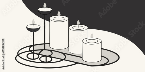 A group of white candles in modern stand in different sizes, all lit and burning, shown in a realistic style on a black white background vector illustration.
