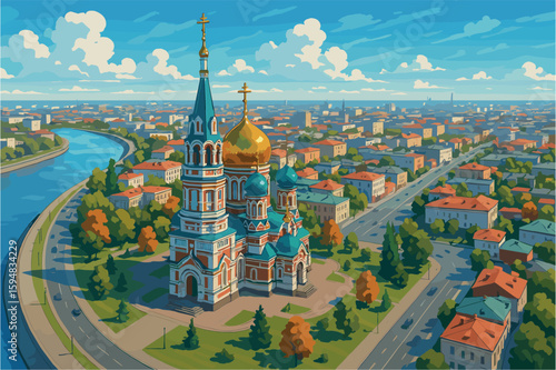 Omsk cityscape with churches, riverside paths, and broad sprawl
