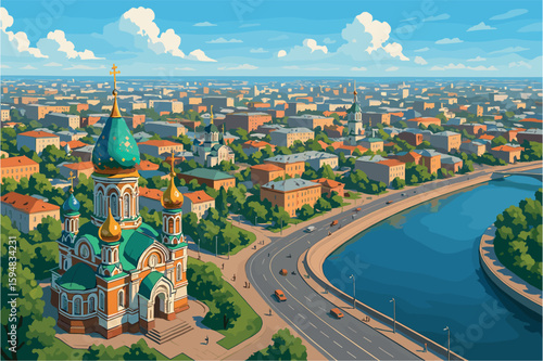 Omsk cityscape with churches, riverside paths, and broad sprawl