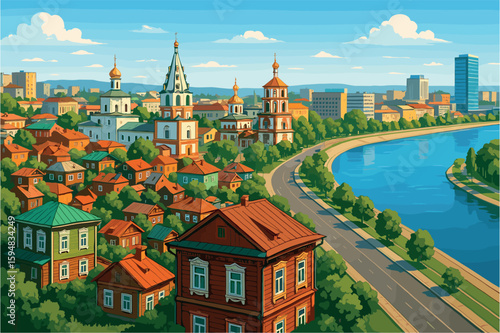 Irkutsk cityscape with wooden homes, modern towers, and flowing river