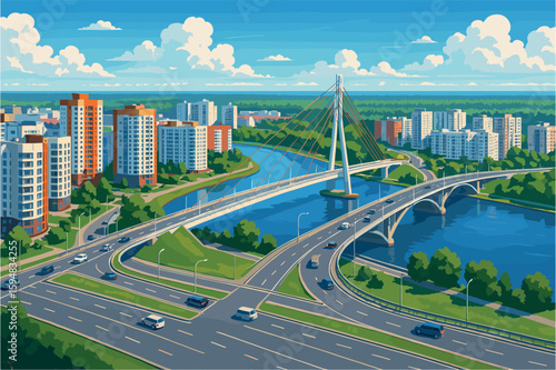 Tyumen city view with roads, bridges, and forest on the horizon