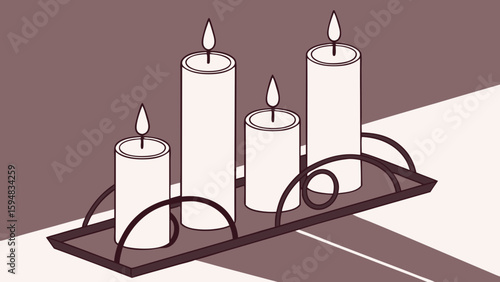 A group of white candles in modern stand in different sizes, all lit and burning, shown in a realistic style on a pink background vector illustration.