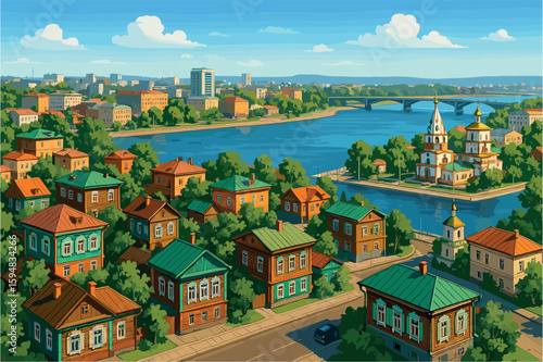 Irkutsk cityscape with wooden homes, modern towers, and flowing river