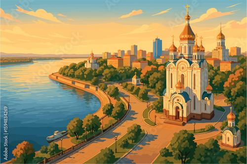 Panoramic Khabarovsk view with Amur River and golden cathedral domes