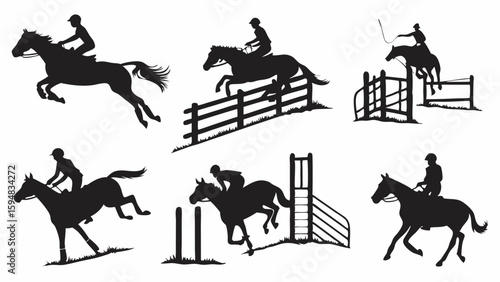 Dynamic equestrian horse riding silhouettes collection. Riders on galloping and show jumping horses over various obstacles for sport and training designs.