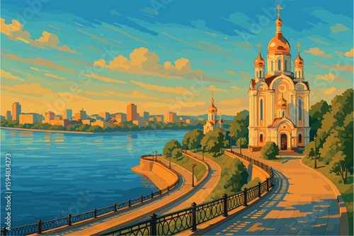 Panoramic Khabarovsk view with Amur River and golden cathedral domes