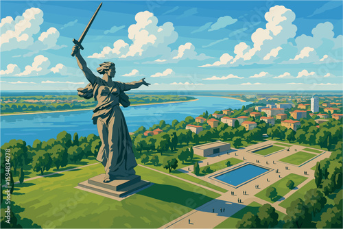 Symbolic view of Volgograd with Motherland statue and riverside memorials