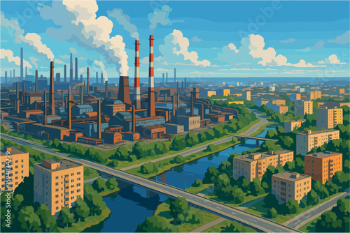 Industrial view of Chelyabinsk with urban blocks and green spaces