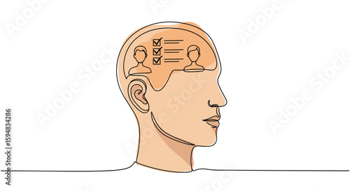 Checklist inside man’s head with checkmarks and people symbolizes planning and team task management — one line doodle drawing with watercolor fill, minimalistic vector illustration on white backgrou