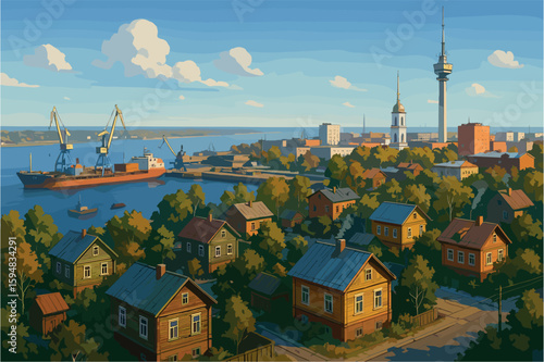 Northern Arkhangelsk view with Dvina River and wooden housing rooftops