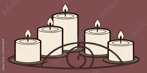 A group of white candles in modern stand in different sizes, all lit and burning, shown in a realistic style on a dark red background vector illustration.