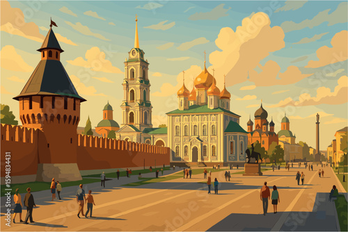 Tula cityscape with red-brick kremlin and sunlit pedestrian streets