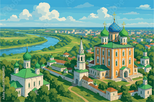 Panoramic view of Ryazan with monastery domes and wide riverbanks