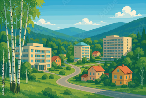 Belokurikha spa town view with birch trees and sunny low hills