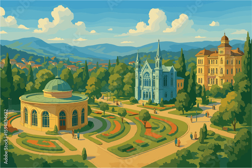 Panoramic Kislovodsk resort view with gardens and wellness pavilions