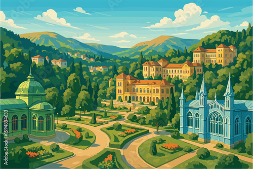 Panoramic Kislovodsk resort view with gardens and wellness pavilions