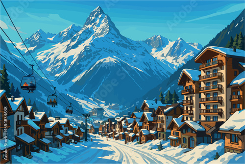 Dombay cityscape with ski resorts, sharp peaks, and alpine chalets