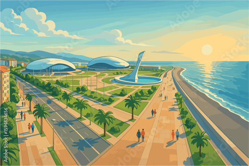 Modern Adler cityscape with Olympic sites and sunny Black Sea coas
