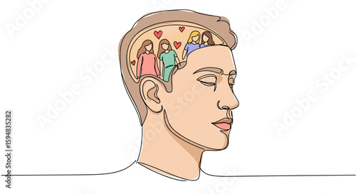 Polygamy, difficulty choosing a woman. Different women inside man’s head with hearts — one line doodle drawing with watercolor fill, minimalistic vector illustration on white background
