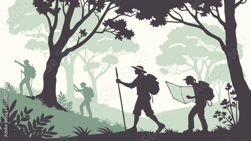 Green silhouette illustration of a hiking group trekking through a vibrant forest. Outdoor nature adventure, exploration, and orienteering journey.