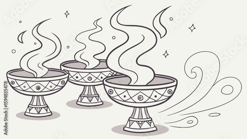 Highly detailed cartoon line art illustration of three ornate incense burners emitting swirling fragrant smoke. Traditional spiritual ritual bowls for aromatherapy and meditation.