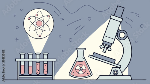 Scientific research lab illustration with test tubes, atom, microscope, and radioactive flask. Flat vector design for chemistry and physics.