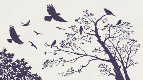 Striking dark silhouette vector illustration of a flock of crows flying and perched on a bare, gnarled tree in a serene nature landscape.