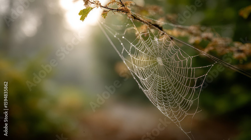 Wallpaper Mural Single dew kissed spiderweb glistening in morning light with soft natural background Torontodigital.ca