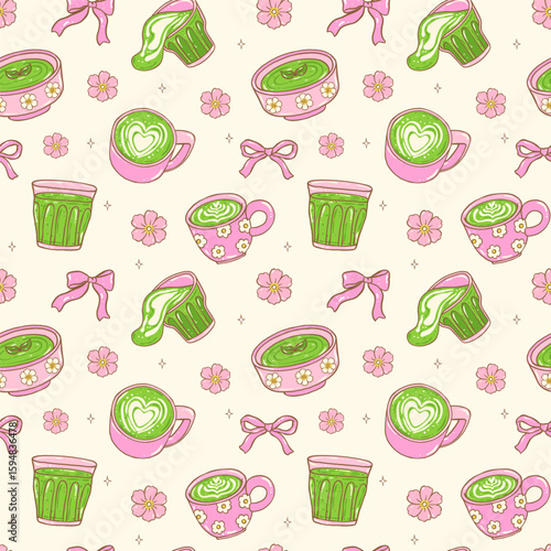 Cute seamless pattern Coquette girly matcha drinks doodle illustration, cute trendy summer aesthetic lovers background
