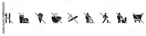 No Activities Allowed Solid Icon Set. Prohibition Of Eating, Drinking, Smoking, Littering and Shopping Silhouette Symbol Collection. Restriction And Regulation Signs. Isolated Vector Illustration